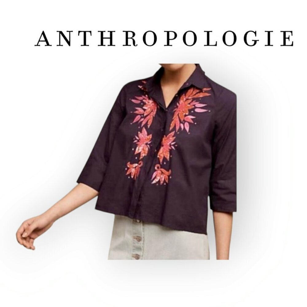 Anthropologie Maeve Purple Sequin Poplin Buttondown Blouse Size 4 NWT Womens Top